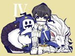  aosagi black_hair cerberus_(megami_tensei) coat flynn_(smt4) jack_frost male_focus ponytail shin_megami_tensei shin_megami_tensei_iv 