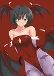  amagami animal_print arms_behind_back bare_shoulders bat_print black_eyes black_hair blush cosplay covered_navel demon_wings detached_sleeves head_wings leotard lilith_aensland lilith_aensland_(cosplay) murasaki_iro nanasaki_ai pantyhose print_legwear purple_legwear red_leotard solo tan tanline vampire_(game) wings 