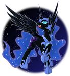  armor black_fur blue_hair cutie_mark equine eyelashes fangs female feral friendship_is_magic fur hair hi_res hooves horn horse mammal moon my_little_pony nightmare_moon_(mlp) open_mouth pony princess princess_luna_(mlp) royalty solo stars teal_eyes winged_unicorn wings zaiyaki 