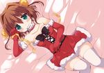  asakura_yume blush breasts brown_hair christmas da_capo da_capo_ii elbow_gloves engrish gloves green_eyes looking_at_viewer lying medium_breasts on_back ranguage red_gloves ribbon santa_costume short_hair smile solo suzune_rena thighhighs white_legwear 