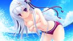  1girl bare_shoulders closed_mouth cloud collarbone day earrings female game_cg hair_ornament jewelry justy_x_nasty light_rays long_hair looking_at_viewer mikagami_mamizu navel no_bra ocean onose_mana red_eyes sea solo sunbeam sunlight wading water white_hair 