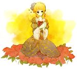  bad_id bad_pixiv_id beatrice blonde_hair blue_eyes bow bug butterfly dress flower hair_bun hair_flower hair_ornament hands_clasped hazime insect own_hands_together rose short_hair smile solo umineko_no_naku_koro_ni wide_sleeves 