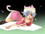  1girl alternate_costume animal_ears black_legwear casual cat_ears cat_tail fang highres kemonomimi_mode multicolored_hair nia_teppelin short_hair solo tail tengen_toppa_gurren_lagann thighhighs two-tone_hair younger yukimitsuki 