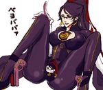  amulet bayonetta bayonetta_(character) beehive_hairdo between_breasts black_hair bodysuit breasts character_doll cleavage_cutout elbow_gloves gallium glasses gloves gun handgun large_breasts lips long_hair mole pistol solo spread_legs weapon white_gloves 