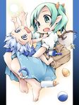  baby baby_bottle bag ball barefoot blue_eyes blue_hair blue_skirt bottle child cirno daiyousei energy_ball fairy_wings green_eyes green_hair hair_ribbon ham_(points) ice ice_wings multiple_girls open_mouth pacifier pointy_ears puffy_sleeves rattle ribbon short_sleeves shoulder_bag side_ponytail sitting sitting_on_lap sitting_on_person skirt touhou wings younger 