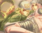  1girl bad_id bad_pixiv_id bandages blonde_hair blue_eyes cream_starter_(stand) diego_brando green_eyes green_lipstick green_shirt hat hot_pants_(sbr) jojo_no_kimyou_na_bouken lipstick makeup pecotank pink_hair scary_monsters_(stand) shirt stand_(jojo) steel_ball_run tail 