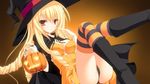  1girl artist_request blonde_hair character_request female halloween hat highres jack-o&#039;-lantern jack-o'-lantern long_hair looking_at_viewer panties pumpkin solo source_request striped striped_legwear thighhighs underwear 