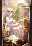  bespectacled book bookshelf bottle crescent danny_lee dress glass glasses hat long_hair matsutani painting_(object) patchouli_knowledge purple_dress purple_eyes purple_hair reading sitting solo striped striped_dress table touhou very_long_hair 