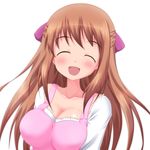  :d ^_^ apron breasts brown_hair cleavage closed_eyes collarbone hanamaru_youchien happy kindergarten_teacher large_breasts long_hair open_mouth pink_apron smile solo white_background yamamoto_nanako yukimura1130 
