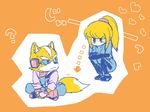  ? blonde_hair directional_arrow fox_mccloud furry gloves heart jin_(jin3jin3) looking_back lowres metroid ponytail samus_aran sitting squatting star_fox super_smash_bros. tail translated zero_suit 