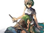  amanohana bad_id bad_pixiv_id blue_eyes copyright_request green_hair multiple_girls red_eyes skirt sword weapon 