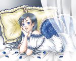  artist_request bed black_hair blood+ blue_eyes blue_flower blue_rose diva_(blood+) dress flower frilled_pillow frills lips long_hair lowres lying petals pillow rose solo white_dress 