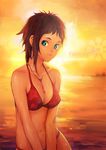  bikini blue_eyes brown_hair copyright_request english highres jewelry necklace ocean patipat_asavasena short_hair solo star sunset swimsuit water wet 