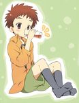  bad_id bad_pixiv_id blush brown_eyes brown_hair cup digimon digimon_adventure drink drinking drinking_glass eyebrows izumi_koushirou kneehighs male_focus maruki_(punchiki) orange_shirt shirt shorts sitting socks solo spiked_hair surprised 