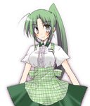  apron bad_id bad_pixiv_id green_eyes green_hair higurashi_no_naku_koro_ni insuto koubeya_uniform long_hair plaid plaid_apron ponytail solo sonozaki_mion waitress 