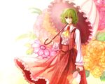  flower green_hair kazami_yuuka munya parasol plaid plaid_skirt plaid_vest red_eyes skirt skirt_set solo touhou umbrella vest wavy_hair 