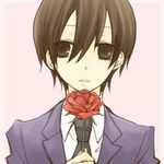  androgynous bad_id bad_pixiv_id brown_hair flower fujioka_haruhi lowres omugi ouran_high_school_host_club reverse_trap rose short_hair solo 