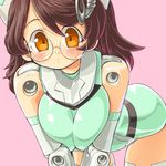  bad_id bad_pixiv_id bangs bare_shoulders bent_over blush breast_squeeze breasts bright_feather brown_hair busou_shinki cowboy_shot dd_(ijigendd) doll_joints glasses green_leotard hair_ornament halterneck hat large_breasts leotard long_hair looking_at_viewer nurse nurse_cap orange_eyes parted_bangs pink_background rimless_eyewear simple_background solo thighhighs v_arms 