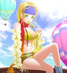  aircraft ama_mitsuki bikini blonde_hair blue_headband breasts candy cleavage day final_fantasy final_fantasy_x final_fantasy_x-2 food green_eyes hot_air_balloon large_breasts lollipop navel rikku solo swimsuit swirl_lollipop 