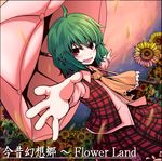 :d ascot dutch_angle field flower flower_field foreshortening green_hair hands highres kazami_yuuka open_mouth outstretched_arms parasol plaid plaid_skirt plaid_vest red_eyes short_hair skirt skirt_set smile solo spread_arms sunflower tori_rui touhou umbrella v-shaped_eyebrows vest 