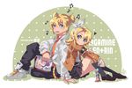  1girl back-to-back bf._(sogogiching) blonde_hair blue_eyes blush brother_and_sister cellphone earphones hair_ornament hairband hairclip kagamine_len kagamine_rin magazine musical_note phone shared_earphones short_hair siblings skirt twins vocaloid 