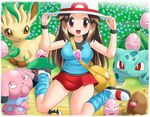  bag between_breasts blue_(pokemon) breasts brown_hair bulbasaur covered_nipples diglett exeggcute gen_1_pokemon gen_2_pokemon gen_4_pokemon hat leafeon medium_breasts no_bra pokemoa pokemon pokemon_(creature) pokemon_(game) pokemon_frlg porkpie_hat red_eyes skirt smile snubbull strap_cleavage vs_seeker 