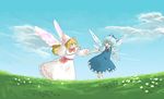  bad_id bad_pixiv_id blonde_hair blue_dress blue_eyes blue_hair bow bowtie capelet cirno cloud day dress frilled_capelet frilled_dress frills hair_ribbon hand_on_headwear hat holding_hands lily_white long_hair long_sleeves multiple_girls natsume_(menthol) puffy_short_sleeves puffy_sleeves red_bow red_neckwear ribbon short_hair short_sleeves sky touhou white_capelet white_dress white_hat wings yellow_eyes 