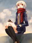  amanohana bad_id bad_pixiv_id blonde_hair can cloud copyright_request day highres jacket red_eyes red_scarf scarf skirt sky solo 