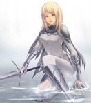  armor bad_id bad_pixiv_id blonde_hair blue_eyes bodysuit boots claymore claymore_(sword) dietrich knee_boots one_knee shokuyou_mogura silver_eyes solo sword water weapon wet wet_clothes 