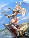  animal_ears armor ass blush breasts bunny_ears bunny_tail gauntlets greaves large_breasts long_hair looking_back original red_eyes silver_hair slingshot solo suoni_(deeperocean) tail 
