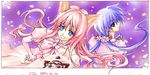  allen_(artist) animal_ears blue_eyes blue_hair cake dress food fox_ears houshin_engi long_hair multiple_girls ou_kijin pastry pink_hair so_dakki 