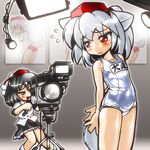  animal_ears black_hair blush camera embarrassed grey_hair hat inubashiri_momiji lights multiple_girls name_tag one-piece_swimsuit red_eyes school_swimsuit shameimaru_aya swimsuit tail tokin_hat touhou tv_camera white_school_swimsuit white_swimsuit winn wolf_ears wolf_tail 