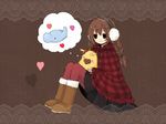  1st-mn blush boots braid brown_background brown_hair chocolate chocolate_heart earmuffs elephant heart original pantyhose plaid skirt solo spoken_animal spoken_heart stuffed_animal stuffed_toy tsubomi-chan 