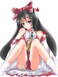  black_hair demonk detached_sleeves hakurei_reimu highres long_hair purple_eyes ribbon sitting socks solo touhou 