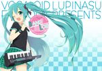  aqua_eyes aqua_hair bad_id bad_pixiv_id hatsune_miku instrument keytar long_hair microphone one_eye_closed open_mouth plaid plaid_skirt shirt skirt smile solo t-shirt tsukina_(artist) twintails very_long_hair vocaloid 