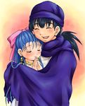  1girl bad_id bad_pixiv_id blue_hair bow cape closed_eyes couple demerin dragon_quest dragon_quest_v earrings flora hair_bow half_updo hero_(dq5) hetero hug jewelry pink_bow 