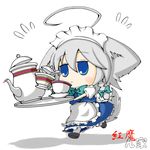  :&lt; ahoge animal_ears blue_eyes braid chibi cup dog_ears dog_tail dress flying_sweatdrops grey_hair inu_sakuya izayoi_sakuya m.u.g.e.n maid_headdress nawiria_vire short_hair silver_hair solo sugar_bowl tail tea teacup teapot touhou tray twin_braids 