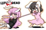  animal_ears arms_up barefoot black_hair blazer bunny_ears carrot dress foam foaming_at_the_mouth inaba_tewi jacket left_4_dead long_tongue multiple_girls necktie o_o parody pink_dress purple_hair reisen_udongein_inaba short_hair skirt smoker_(left4dead) socks tongue touhou youkan 