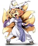  angry blonde_hair brown_eyes fangs fighting_stance fox_tail hat highres kokka_han long_sleeves multiple_tails open_mouth pants pillow_hat shoes short_hair solo tabard tail tassel touhou wide_sleeves yakumo_ran 