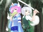  fan hitodama japanese_clothes konpaku_youmu konpaku_youmu_(ghost) multiple_girls natsu_no_koucha saigyouji_yuyuko sword touhou weapon 