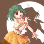  ahoge bare_shoulders dress green_hair harak lowres macross macross_frontier microphone orange_dress ranka_lee red_eyes short_hair smile solo 