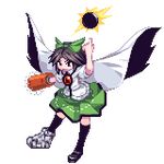  black_hair bow cape full_body green_bow hair_bow halt76 lowres pixel_art reiuji_utsuho solo thighhighs touhou transparent_background wings 