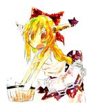  blonde_hair bucket chain fang hasu_(zatsugami) horns ibuki_suika oni ribbon solo touhou 