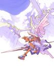  akitsu_taira brown_hair castle cloud day original polearm shield sky solo spear weapon wings 