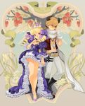  1girl animal apple art_nouveau belt blonde_hair boots bow chkuyomi couple crown dress drill_hair earrings fantasy fingerless_gloves flower food frills fruit gathers gloves gown hair_bow hair_ornament hetero high_heels holding_hands horns jewelry legs loose_belt necklace original plant princess purple_eyes red_eyes ribbon royal scarf shoes skull tree twintails vest 