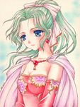  bad_id bad_pixiv_id blue_eyes bow cape detached_sleeves earrings final_fantasy final_fantasy_vi green_hair jewelry pink_bow ponytail solo tina_branford traditional_media yukiou 