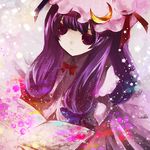  book bow bowtie colorful crescent duca expressionless hair_bow hat long_hair patchouli_knowledge pink_eyes purple_hair solo sparkle star touhou 