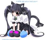  1girl animal_ears bangs black_hair blush cat_ears cat_tail catgirl cute gloves lolicon_lover long_hair long_twintails lowres nekomimi paws puffy_short_sleeves puffy_sleeves short_sleeves simple_background solo tail thigh-highs thighhighs twintails very_long_hair white_background 