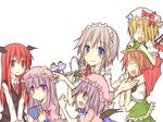  bat_wings book carrying flandre_scarlet food head_wings hong_meiling izayoi_sakuya koakuma multiple_girls natsuk patchouli_knowledge pudding remilia_scarlet shoulder_carry touhou wings 