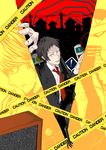  adachi_tooru bad_id bad_pixiv_id black_hair black_jacket building caution_tape cityscape closed_mouth collared_shirt expressionless fingernails foreshortening glasses izanagi jacket long_sleeves looking_at_viewer looking_down male_focus multiple_boys narukami_yuu necktie open_clothes open_jacket parted_lips persona persona_4 profile red_eyes red_neckwear road_sign shirt sign solo_focus spoilers static telephone_pole television traffic_light unataria wing_collar yellow_eyes 